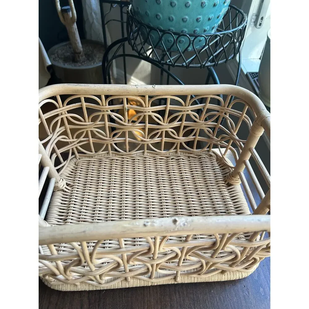 Vintage Wicker Basket Rattan MCM Bamboo Caddy Carrier